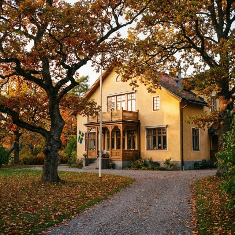 Ett gult hus med träbeklädnad står bland stora träd med höstlöv. En grusgång leder fram till entrén, där en Elcentral är installerad vid dörren och en svensk flagga hänger på en stolpe i trädgården.