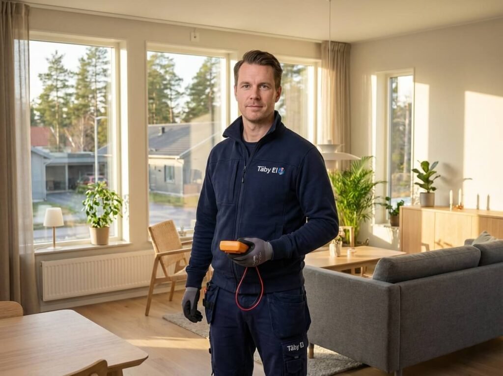 Auktoriserad elinstallatör i Täby – erfaren elektriker med mätutrustning i en modern villa