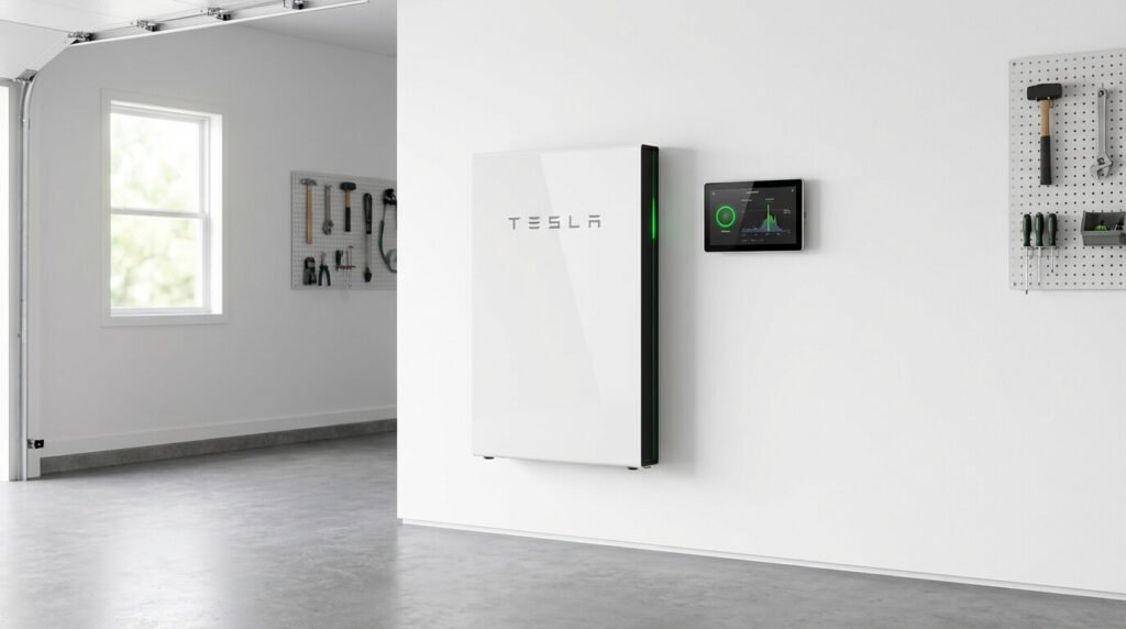 Ett Tesla Powerwall-batteri är monterat på en vit vägg i ett rent, modernt garage med solceller installerade på taket. Bredvid batteriet finns en pekskärm som visar energidata. Verktyg är prydligt organiserade på pegboards i närheten.