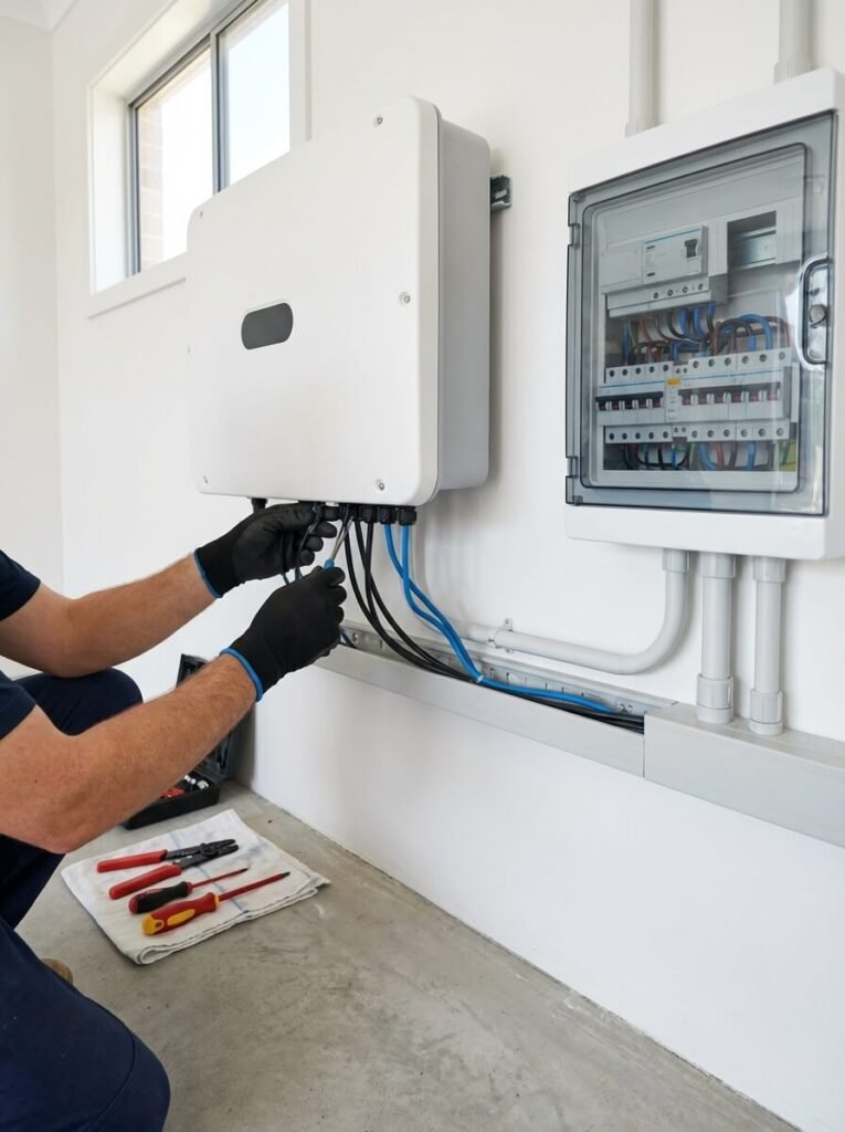 En person med svarta handskar installerar eller reparerar elkablar för solceller och ansluter dem till en vit kontrollbox och strömbrytare på en vägg; verktygen är prydligt placerade på en vit matta i närheten.