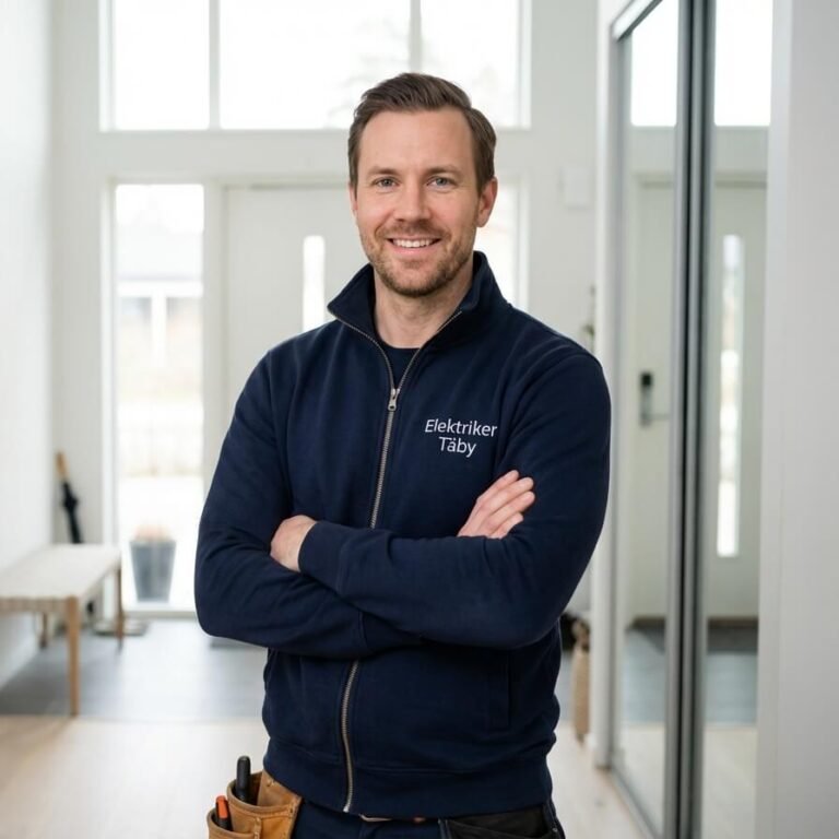 En leende elektriker i Täby i marinblå jacka med texten "Elektriker Täby" står med armarna i kors i en ljus, modern hall. Verktygen ligger synliga i en påse i midjan.