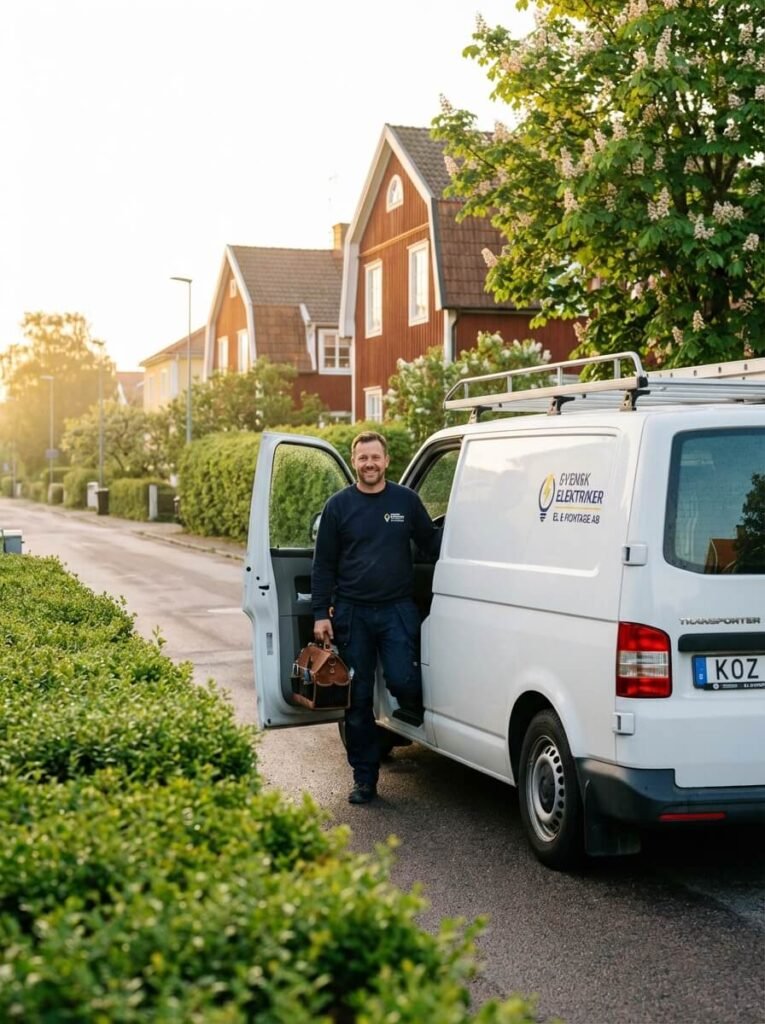 Elektriker i Täby på väg till uppdrag – vi arbetar vardagar 07:00–17:00