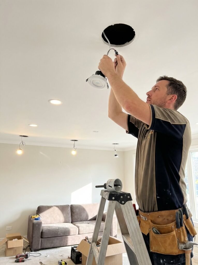 En man står på en stege och installerar eller drar kablar för infälld takbelysning i ett vardagsrum. Verktyg och lådor ligger på golvet och i bakgrunden syns en soffa. Naturligt ljus kommer in genom ett närliggande fönster.