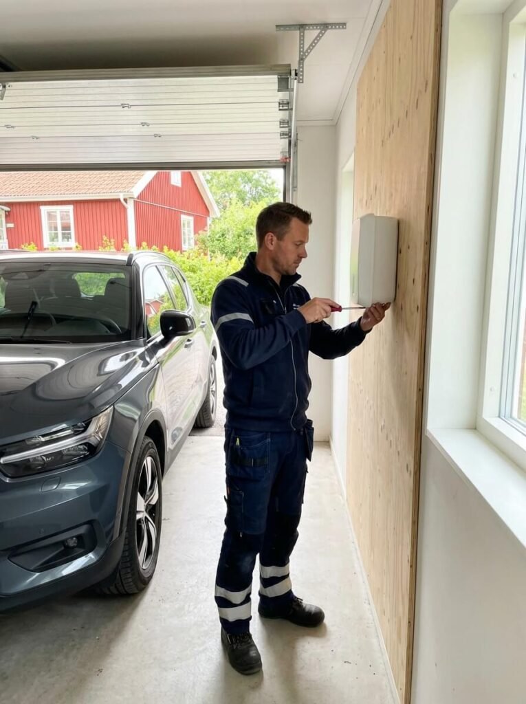 En man i arbetskläder använder en skruvmejsel för att montera eller justera en vit laddbox på en trävägg inne i ett garage, med en grå bil och en öppen garageport i närheten.