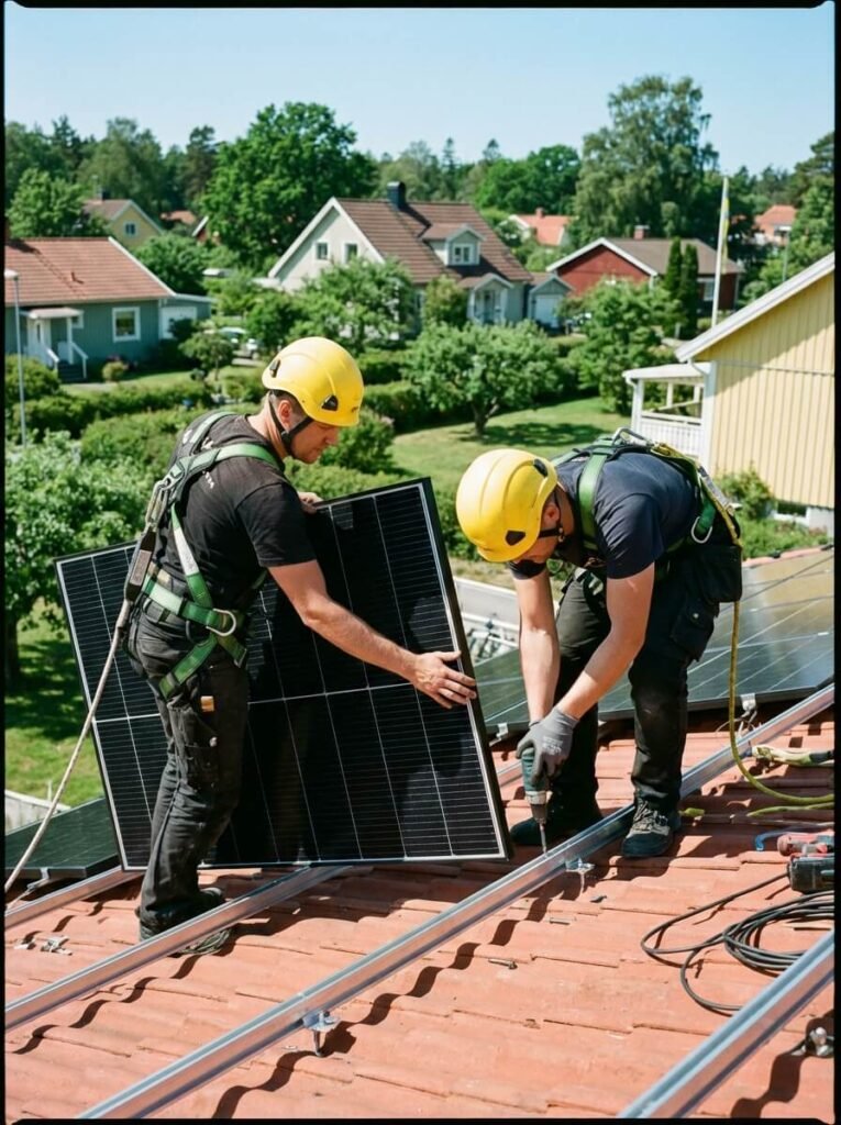 Två arbetare iförda skyddsutrustning installerar solceller på ett tak med röda tegelpannor i ett bostadsområde, med gröna träd och hus i bakgrunden.