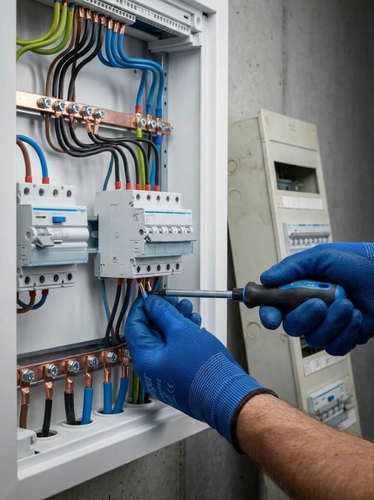 En person med blå handskar använder en skruvmejsel för att arbeta på en öppen elcentral med flera ledningar och strömbrytare. En annan sluten elcentral syns i bakgrunden.