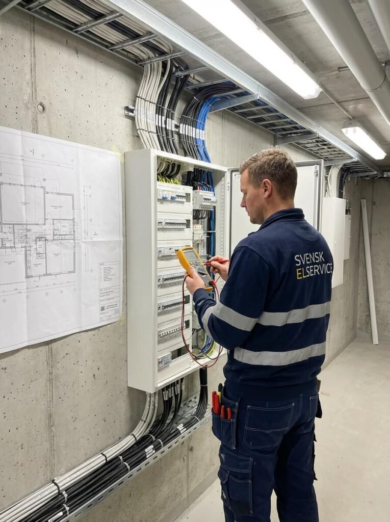 En elektriker i uniform med texten "SVENSK ELSERVICE" testar en elcentral med en multimeter i en tvättstuga där han utför elinstallationsarbete. Elscheman syns på väggen och kablar löper längs taket och väggen.