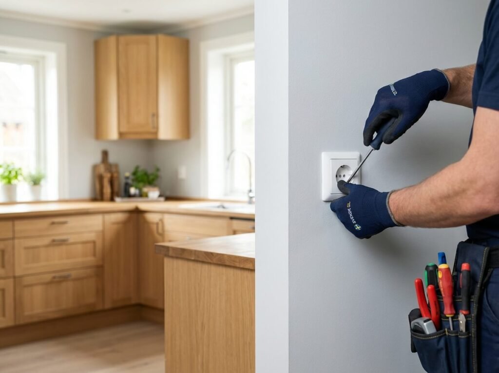 En person med blå handskar utför en elinstallation i täby med hjälp av en skruvmejsel på ett vägguttag i ett modernt kök med träskåp och stora fönster. Verktyg kan ses i personens verktygsbälte.