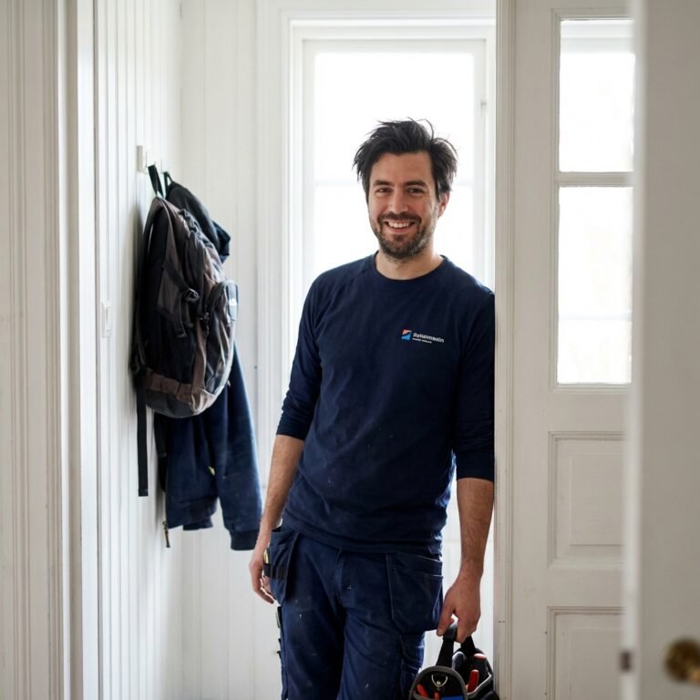 En man med mörkt hår och skägg, klädd i marinblå arbetsskjorta och byxor, står leende i en ljus korridor. Han håller i en skyddshjälm och på väggen bakom honom hänger hans ryggsäck.