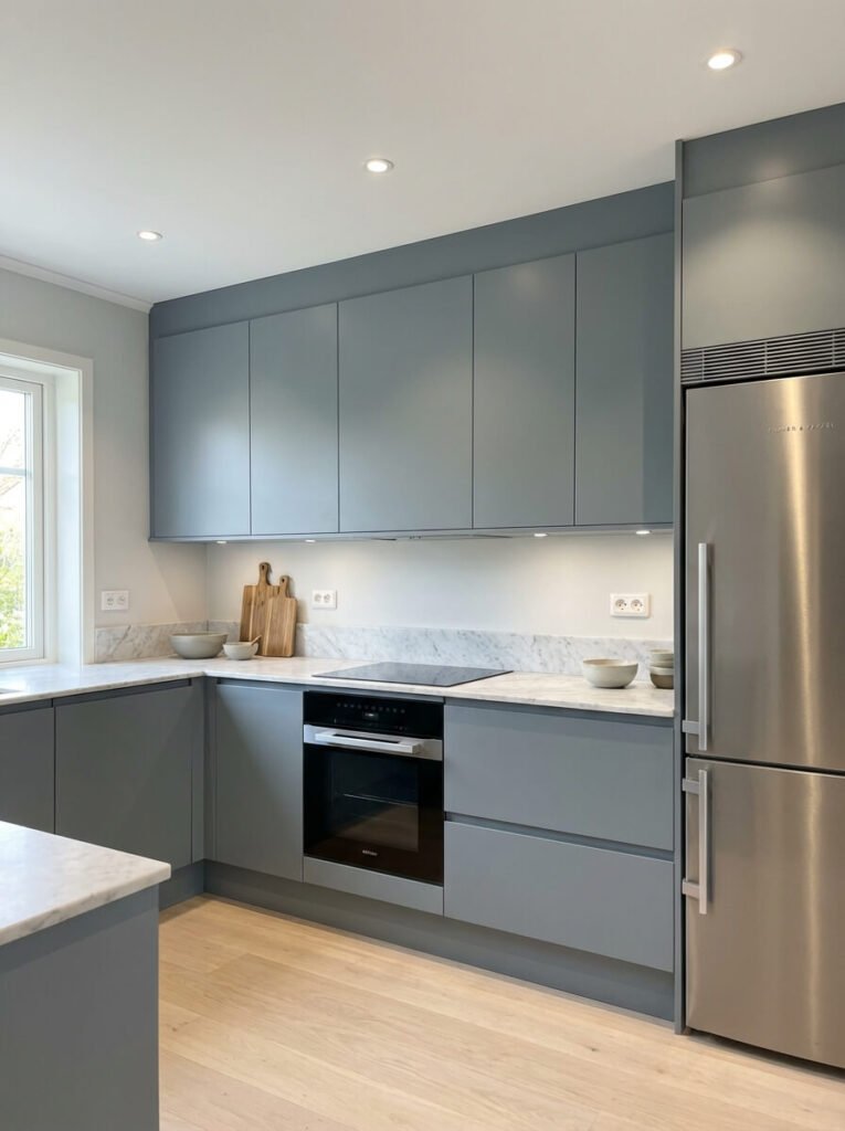 Modernt kök med matt blågrå skåp, vitvaror i rostfritt stål med sömlös installation, bänkskivor och stänkskydd i marmor, ljust trägolv och minimal inredning med skärbrädor i trä och keramikskålar nära ett fönster.