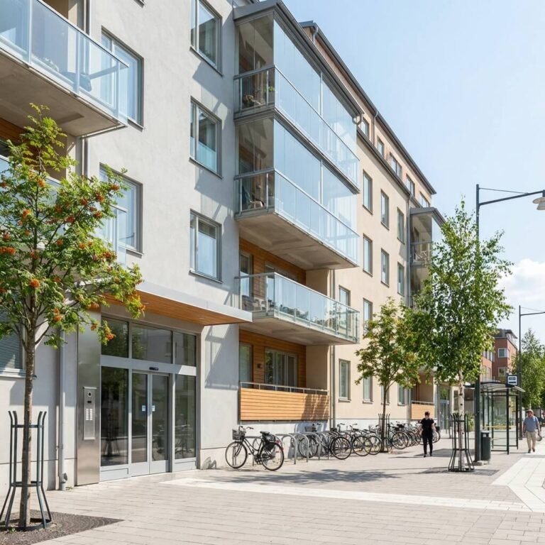 Modernt flerfamiljshus med stora glasbalkonger och entré i markplan nära Elcentral, cyklar parkerade längs trottoaren, träd längs gatan och några människor som promenerar i närheten en solig dag.