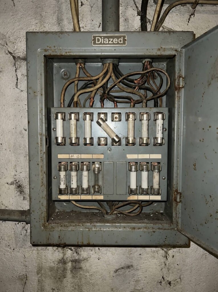En öppen, gammal metall Elcentral säkringslåda märkt "Diazed" är monterad på en vägg och avslöjar flera keramiska säkringar och trassliga ledningar inuti. Lådan verkar sliten och lätt rostig.