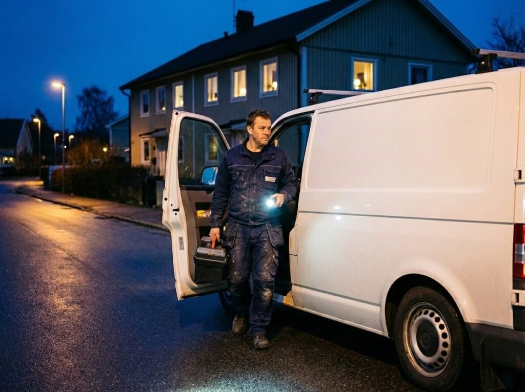 En Eljour-anställd i blå overall kliver ut ur en vit skåpbil i skymningen på en bostadsgata, med ficklampa och verktygslåda i handen. De svagt upplysta husen lyser av lampor, eftersom kvällens elservice är på gång.