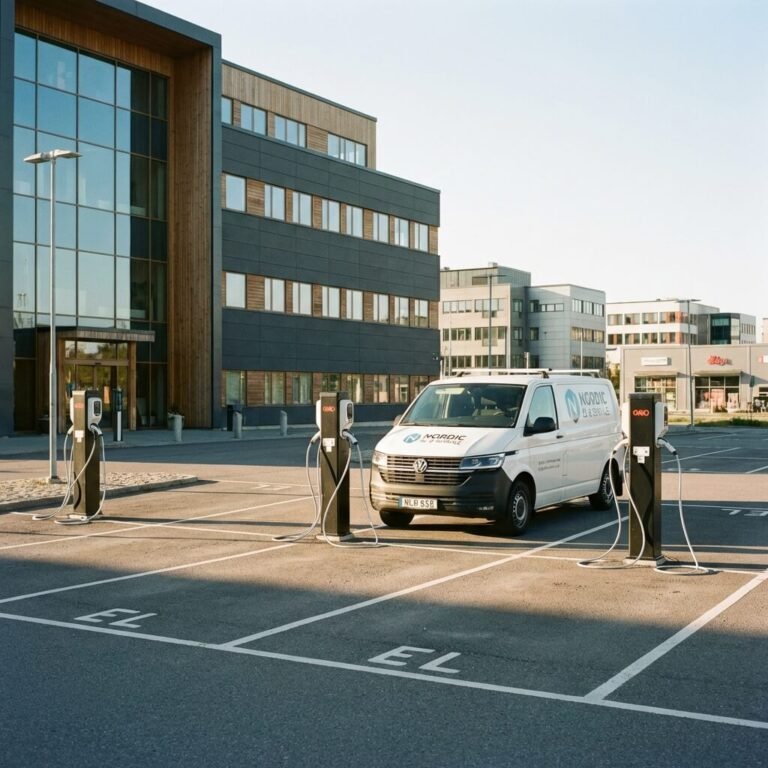 En vit skåpbil står parkerad vid en laddbox laddningsstation för elfordon på en i stort sett tom parkeringsplats bredvid moderna kontorsbyggnader en solig dag. Fyra laddbox-laddstationer är synliga och ordet "EL" är målat på marken.