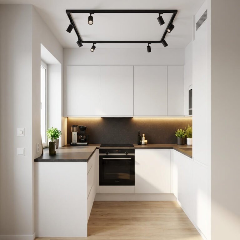 Modernt minimalistiskt kök med vita skåp, svarta bänkskivor, inbyggd ugn och belysning under skåpet. Krukväxter och en kaffebryggare bidrar till inredningen. Ljust trägolv och spårbelysning ovanför skapar ett ljust, rent utrymme.