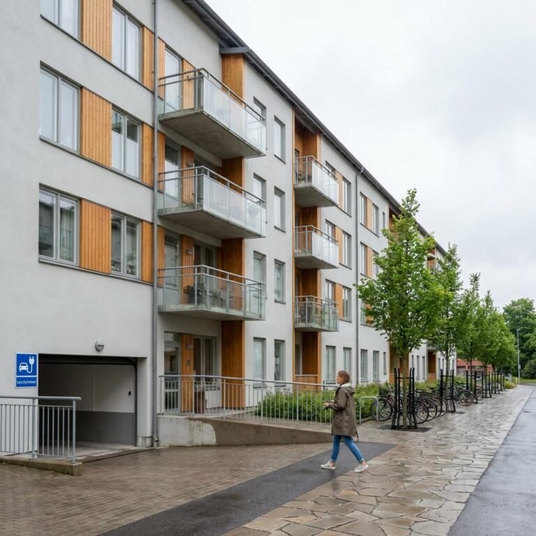En person går på en våt trottoar bredvid ett modernt flerfamiljshus med balkonger, trädetaljer och unga träd längs gatan. En skylt för underjordisk parkering med Laddbox laddningsstation syns nära entrén.