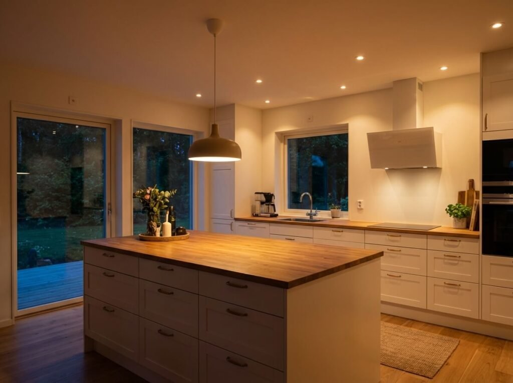 Ett modernt kök med vita skåp, bänkskivor i trä, en köksö i mitten, inbyggda vitvaror och en diskho under ett fönster. Varm belysning förhöjer utrymmet, medan stora glasdörrar öppnar sig mot ett däck med träd utanför.