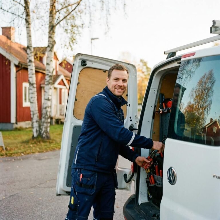En leende Elektriker i i blå arbetsuniform står vid den öppna bakdörren på en vit skåpbil och håller i verktyg. Han befinner sig utomhus i ett bostadsområde med träd och röda hus i bakgrunden.