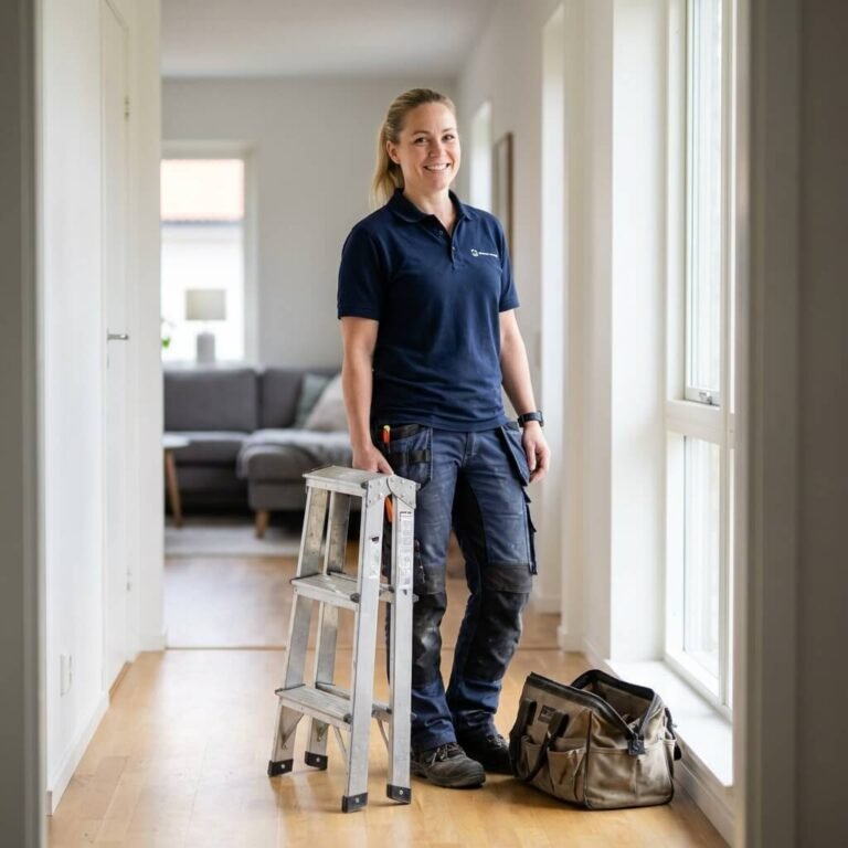 En leende kvinna i arbetskläder står inomhus och håller i en hopfälld stege. Bredvid sin verktygsväska på trägolvet är redo för alla eluppgifter i ett ljust rum med stora fönster och en soffa i bakgrunden.