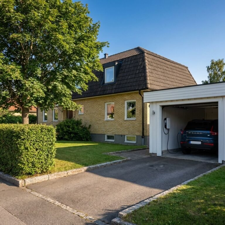 Ett modernt gult tegelhus med ett sluttande mörkt tak, grön gräsmatta och ett träd framför. En elbil står parkerad i ett vitt garage och laddas via en elegant laddbox. Himlen ovanför är klar och blå.