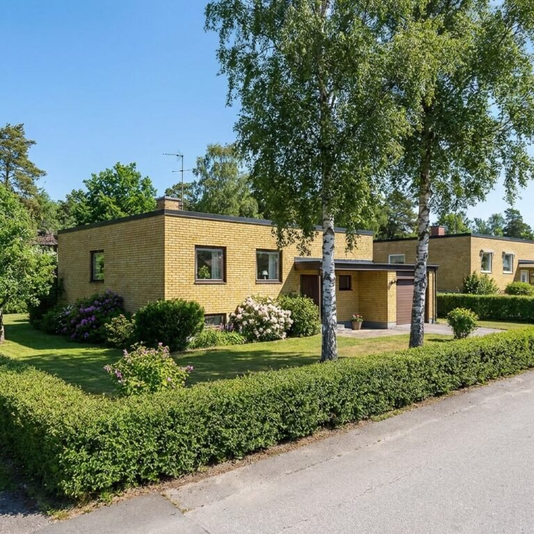 Envåningshus i gult tegel med platt tak, omgivet av en välskött gräsmatta, blomsterbuskar, häckar och två höga träd på framsidan under en klarblå himmel - inkluderar en uppdaterad elcentral för modern bekvämlighet.