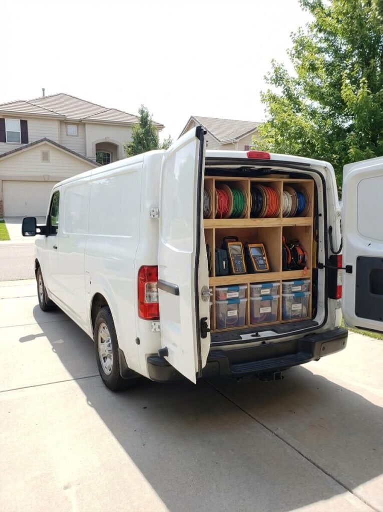En vit Eljour-arbetsbil står parkerad på en uppfart med bakdörrarna öppna och avslöjar ett organiserat förvaringssystem med spolar av färgad tråd, verktygspåsar och genomskinliga plastbackar fyllda med utrustning.