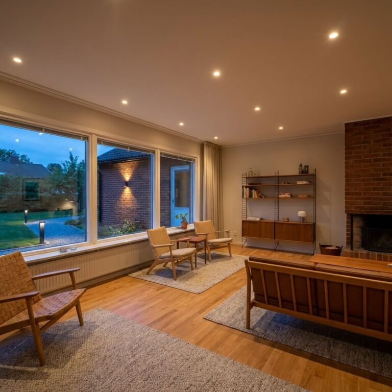 Ett mysigt, modernt vardagsrum med trämöbler, stora fönster med utsikt över en trädgård, en murad öppen spis och varm Belysning. Mattor täcker trägolvet och skapar en inbjudande atmosfär som är perfekt för avkoppling.