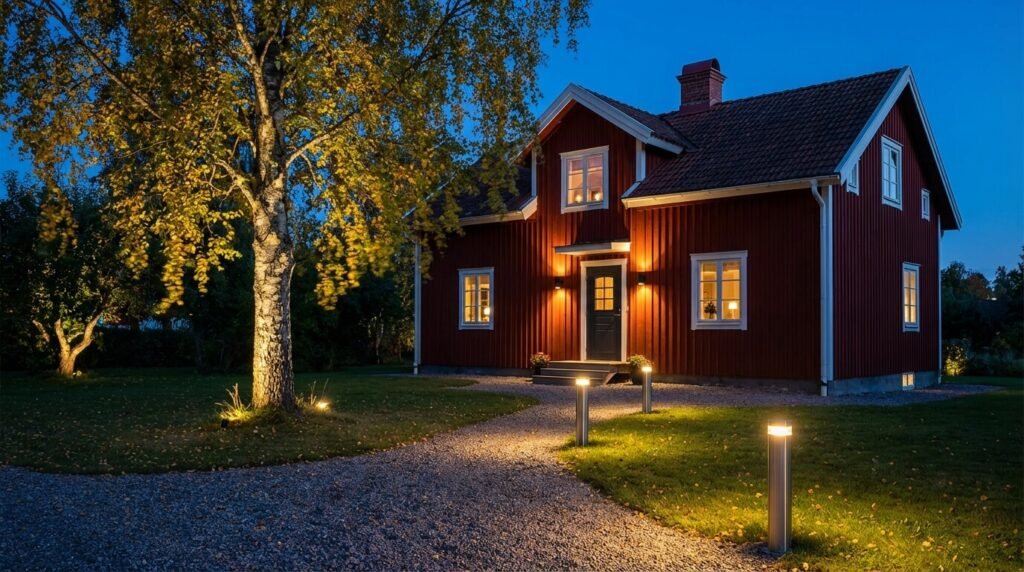 Ett mysigt rött trähus med vita detaljer är varmt upplyst i skymningen. Belysning från glödande gångbelysning kantar grusgången som leder till ytterdörren, medan ett träd med gula löv står på gården.