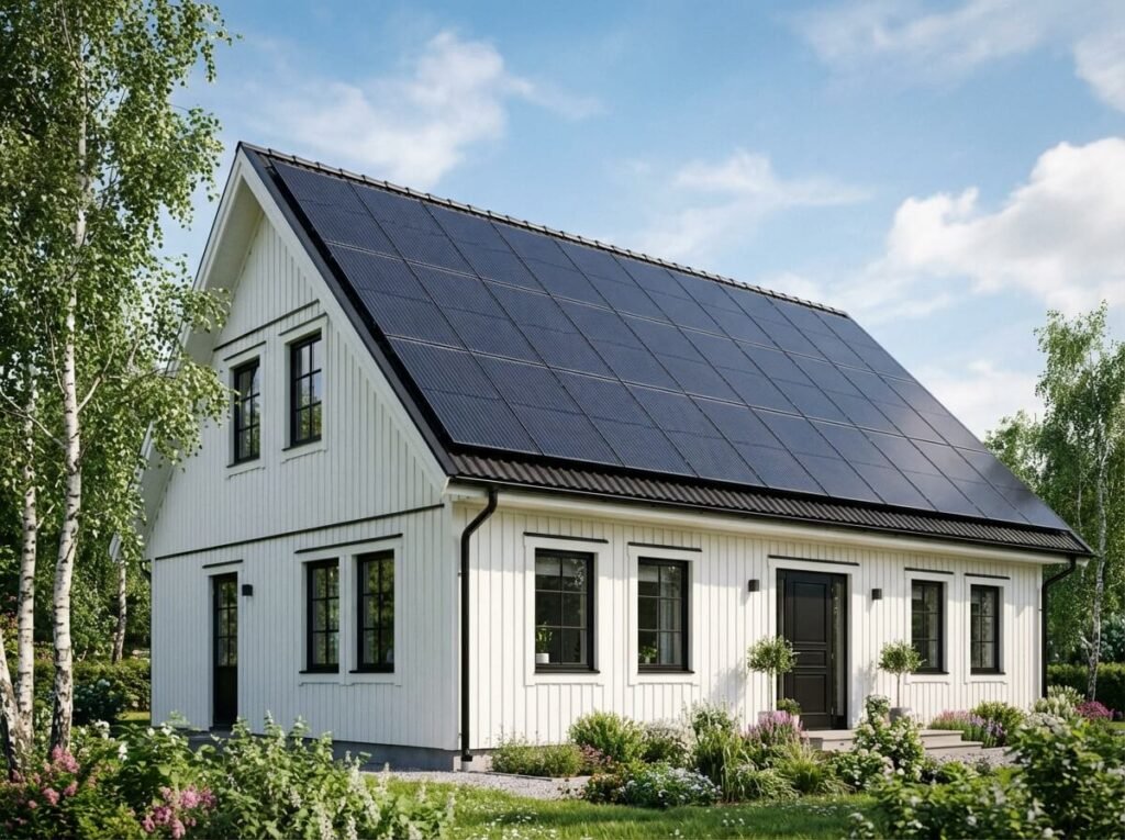 Ett vitt tvåvåningshus med svartmålade fönster och en svart dörr har solceller som täcker hela det sluttande taket, omgivet av gröna träd och en blommande trädgård under en blå himmel.