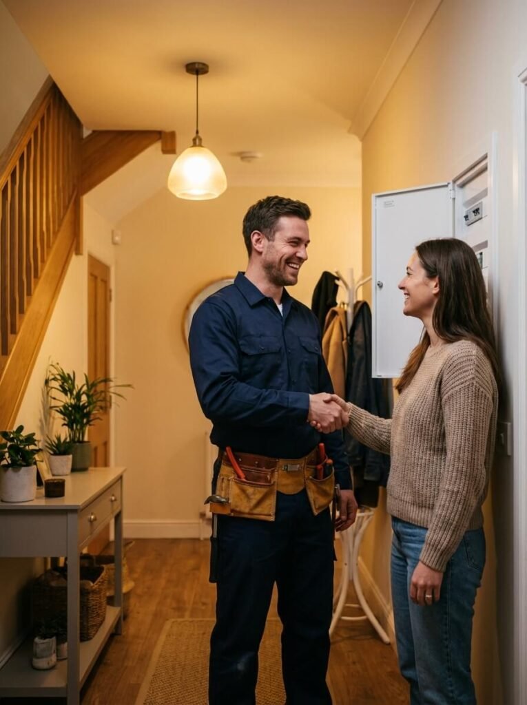En leende Eljour-elektriker i marinblå uniform och verktygsbälte skakar hand med en kvinna i en mysig korridor, vilket tyder på ett lyckat reparations- eller servicebesök. Miljön är varmt upplyst och prydligt inredd.
