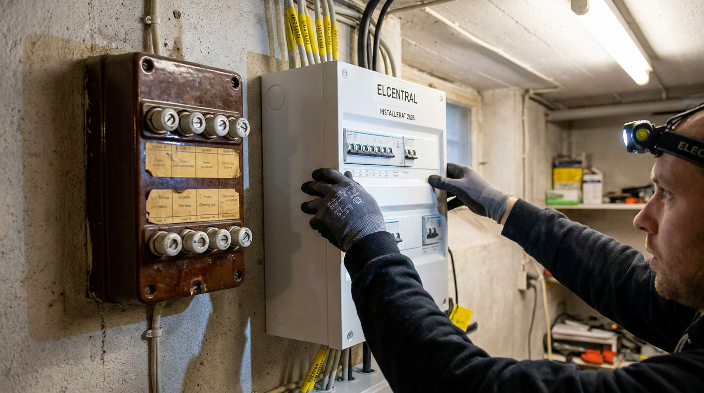 En person med handskar och pannlampa arbetar på en elektrisk brytarpanel märkt "ELECTRAL" i en källare, med kablar och ett äldre säkringsskåp synliga på väggen.