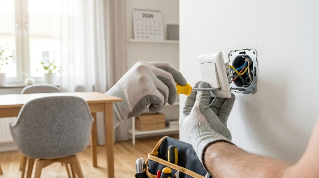 En person med handskar använder en skruvmejsel för att installera eller reparera en ljusströmbrytare på en vit vägg, med synliga elledningar och ett verktygsbälte i förgrunden. I bakgrunden syns en matplats med bord och stolar.