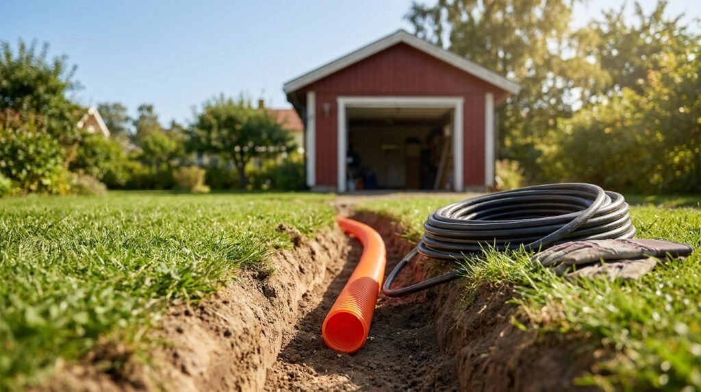 En spiralkabel och ett orange rör ligger bredvid ett smalt dike som grävts i en gräsmatta och leder till ett rött garage med en öppen dörr en solig dag.