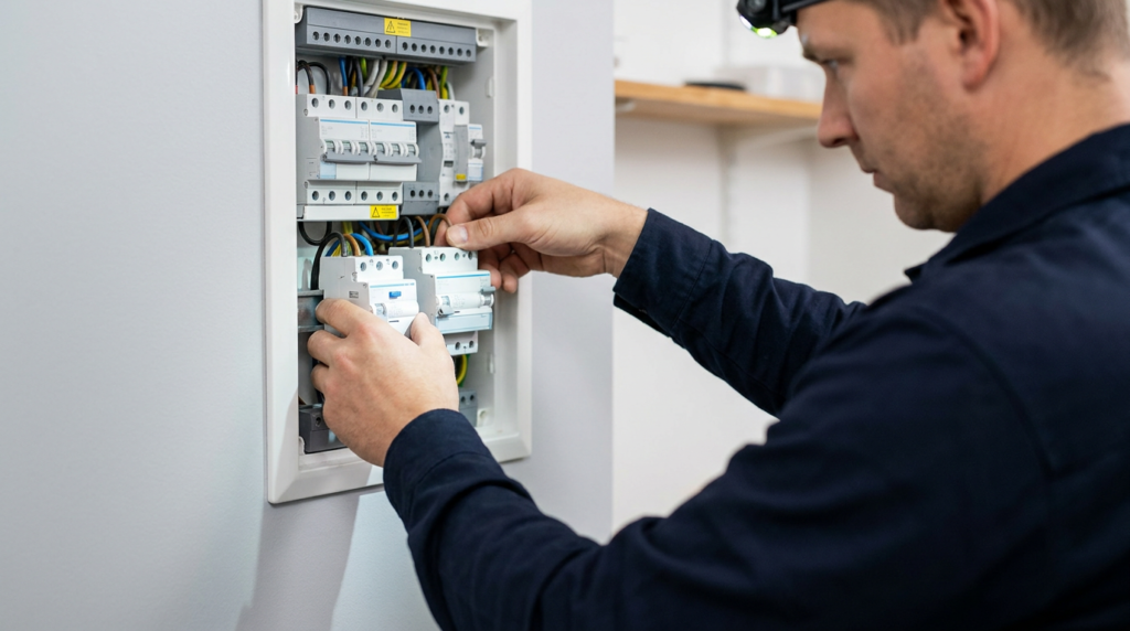 En elektriker med pannlampa inspekterar och arbetar med ledningarna i en elcentral som är monterad på en vit vägg. Han använder båda händerna för att justera komponenter och kablar inuti den öppna panelen.