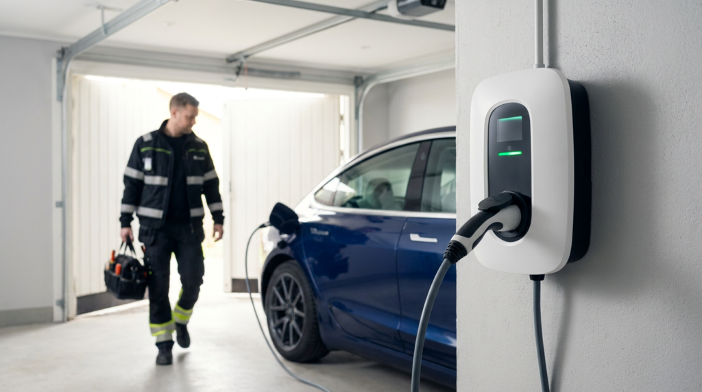 En blå elbil laddas i ett garage med hjälp av en väggmonterad laddningsstation. En person i arbetskläder med en verktygslåda går mot fordonet.