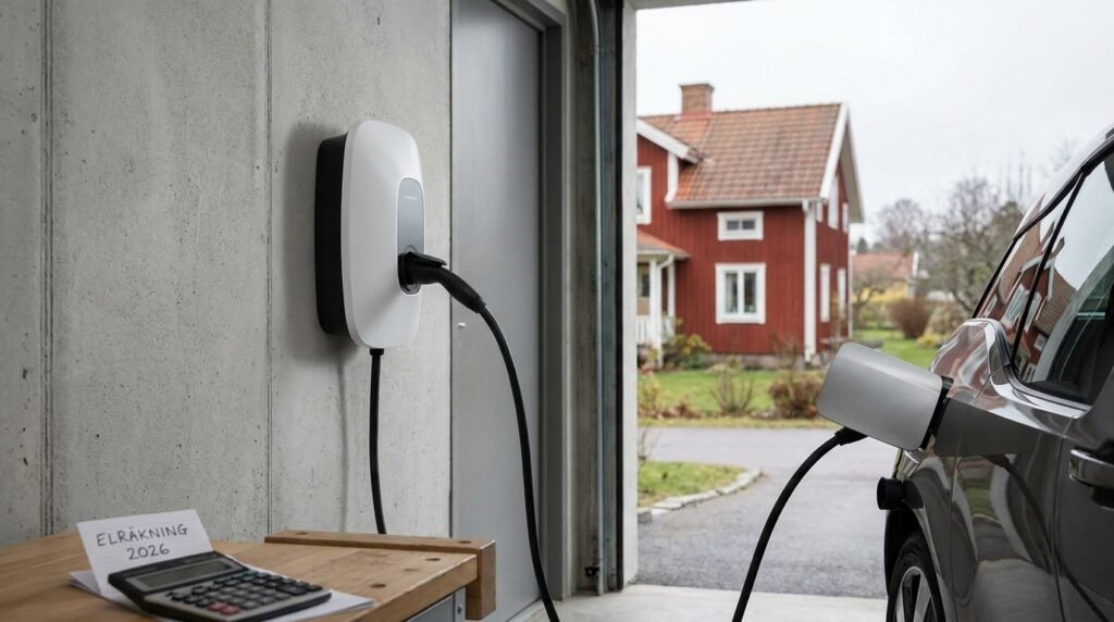 En elbil laddas i ett garage med hjälp av en väggmonterad laddare. På ett bord i närheten ligger en skrivplatta med texten "ELRÄKNING 2026". Utanför står ett rött hus med vita lister och grönska.