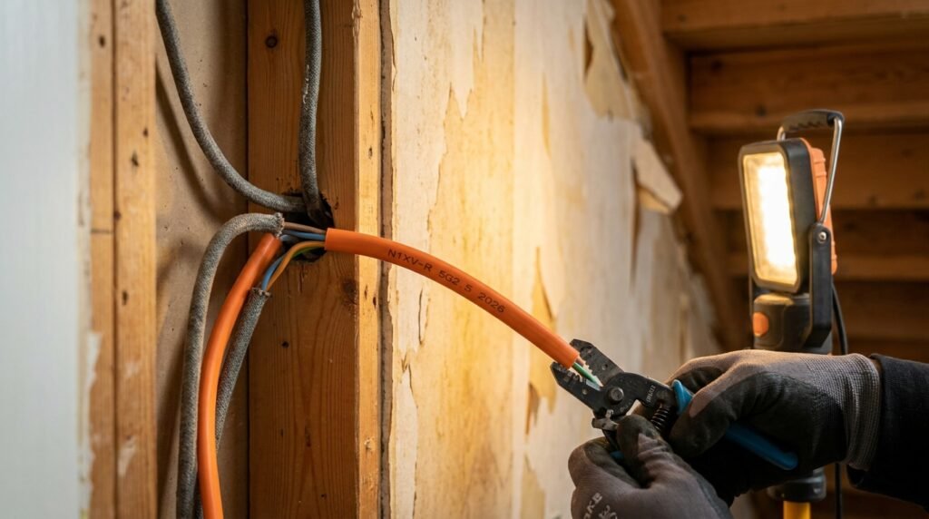 En person med handskar använder en avbitartång för att avlägsna isoleringen från en orange elkabel inuti en trävägg. En arbetslampa lyser upp området under installationen av kablarna.