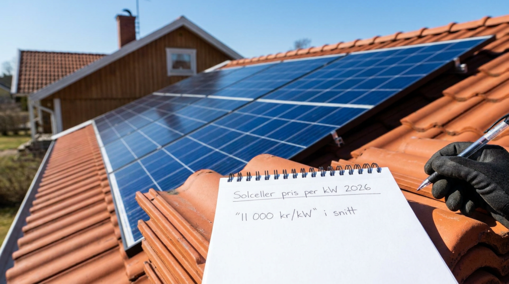 En person håller i ett anteckningsblock med texten "Solceller pris per kW 2026 '11 000 kr/kW' i snitt" framför ett hus med solpaneler installerade på det röda tegeltaket.