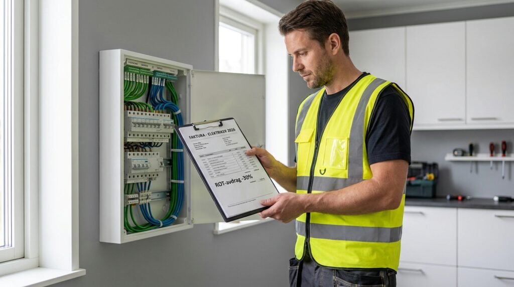 En elektriker i gul skyddsväst inspekterar en elcentral och håller i en skrivplatta med en checklista i ett modernt, väl upplyst rum med vita skåp.