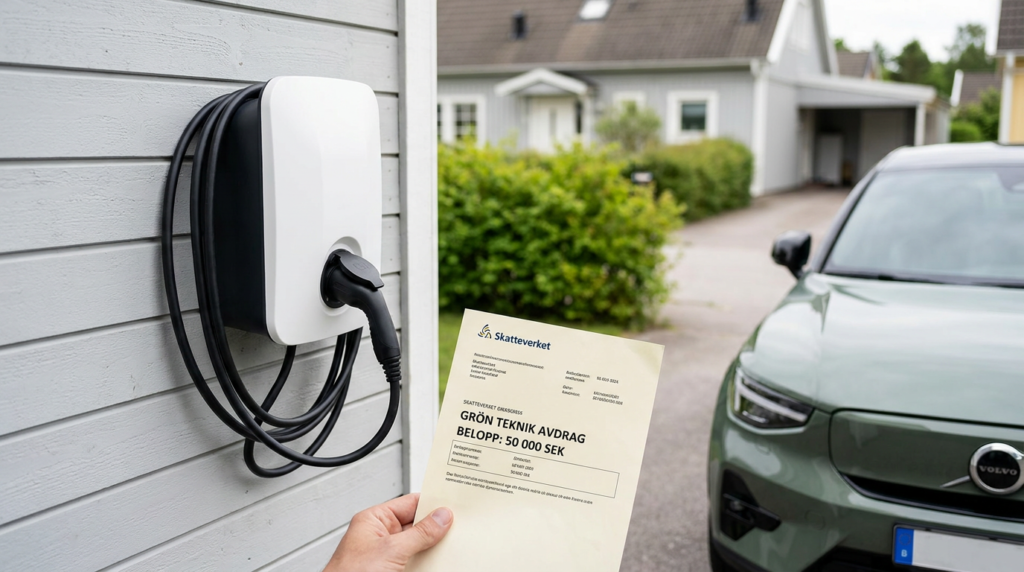 En person håller ett dokument från den svenska regeringen om ett miljöteknikavdrag på 50.000 kronor framför en elbil som laddas vid en väggmonterad laddare utanför ett hus.