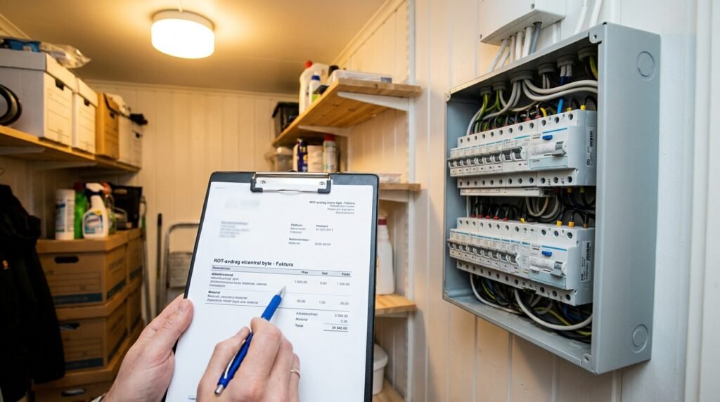 En person med skrivplatta och penna kontrollerar pappersarbete intill en öppen elcentral i ett förråd med hyllor som innehåller olika föremål och lådor.