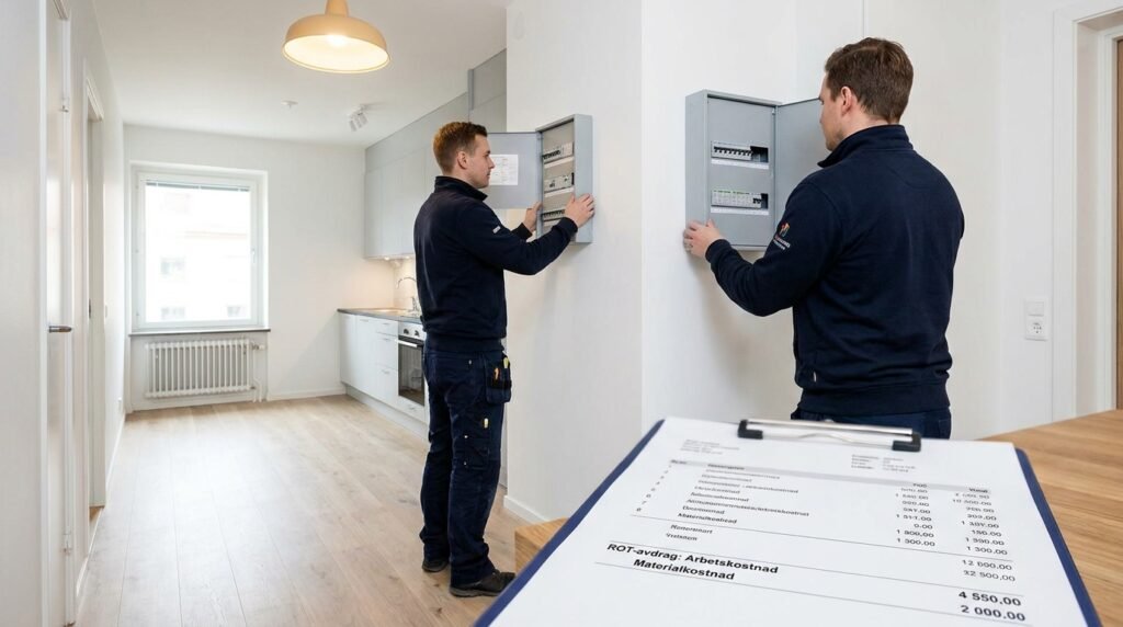 Två elektriker i marinblå uniformer arbetar med elpaneler i en ljus, modern lägenhet. I förgrunden syns ett skrivunderlägg med en checklista och en faktura. I bakgrunden syns köket och ett stort fönster.
