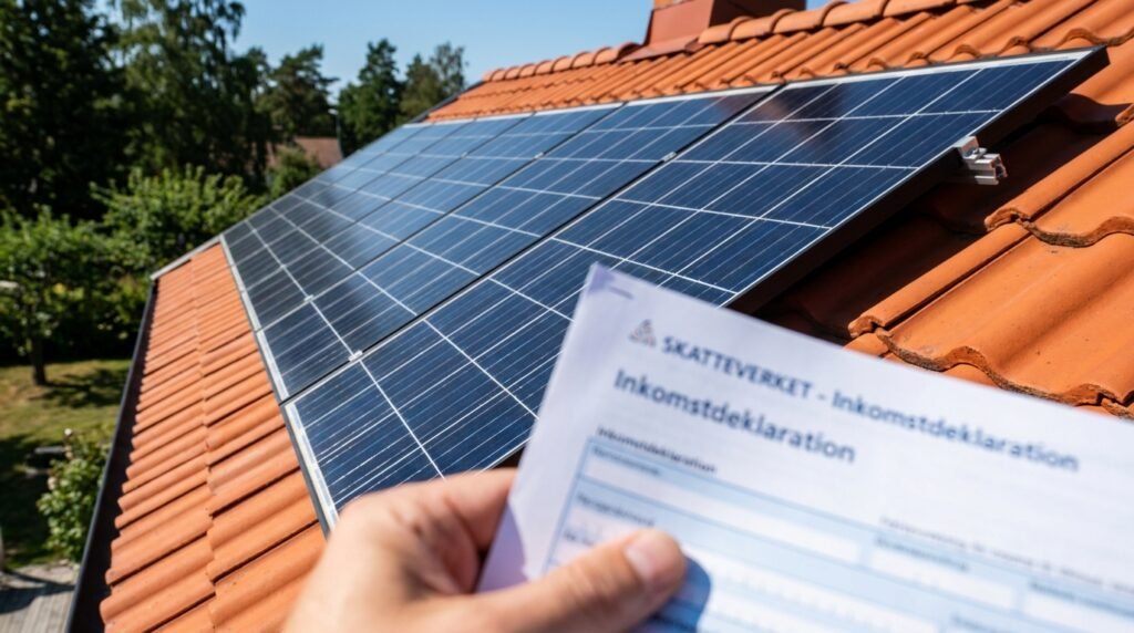 En hand håller i en svensk skatteblankett framför solpaneler installerade på ett rött tegeltak, med träd och blå himmel i bakgrunden.