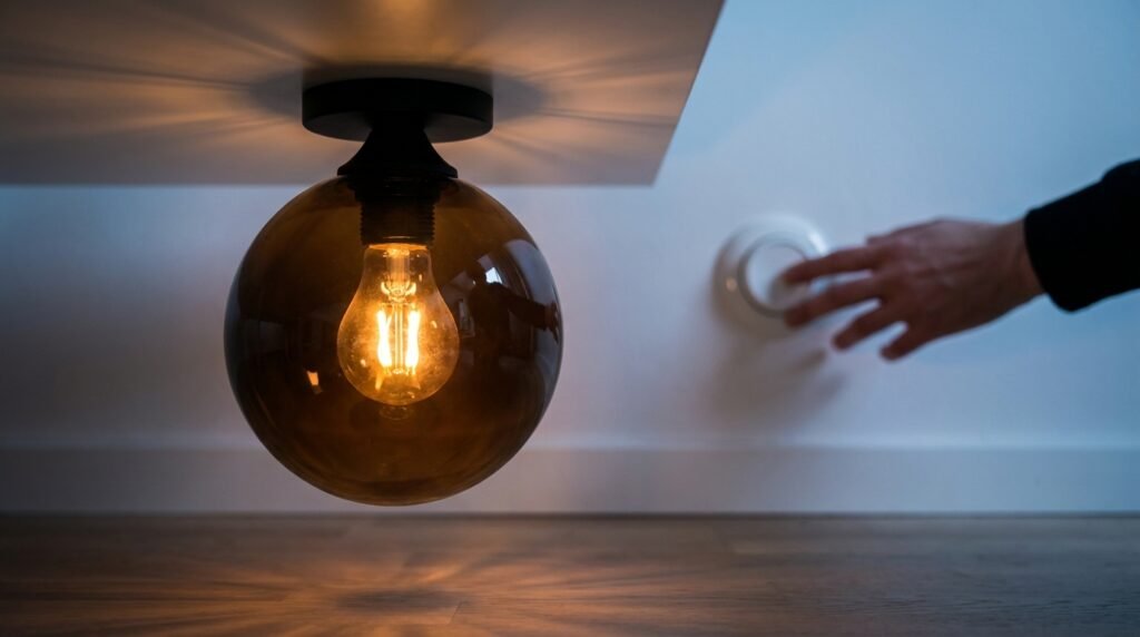 En hand sträcker sig mot en rund termostat på en vit vägg bredvid en stor, rund lamparmatur med en bärnstensfärgad glödlampa som hänger upp och ner från taket.
