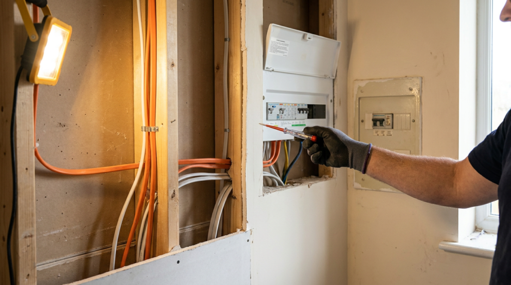 En elektriker med handskar på sig använder en skruvmejsel för att arbeta på en säkringsskåp i en vägg; synliga är frilagda orange och vita elkablar samt en monterad arbetslampa.
