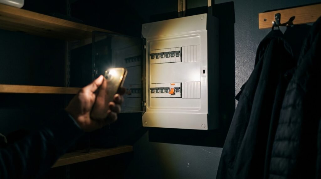 En person använder ficklampan på sin mobil för att undersöka en öppen elcentral som är monterad på en mörk vägg, med hyllor och upphängda kläder i närheten.
